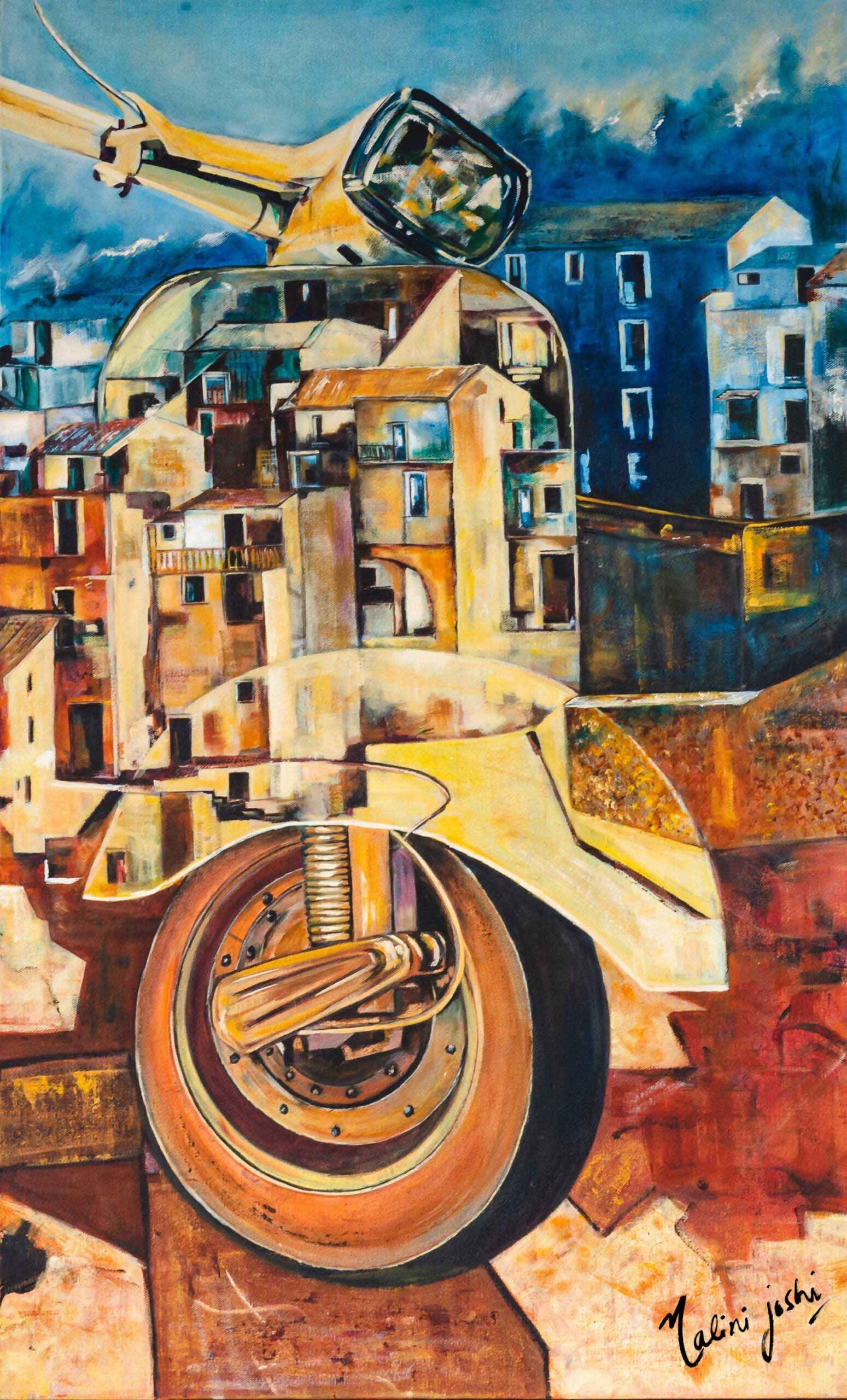 <em><strong>'Reflections - Vespa Series' </strong></em> <br/><br/> 22x36 inches <br/> Mixed Media and Oil on Canvas<br/> MMC2104