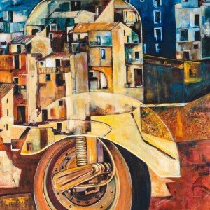 <em><strong>'Reflections - Vespa Series' </strong></em> <br/><br/> 22x36 inches <br/> Mixed Media and Oil on Canvas<br/> MMC2104